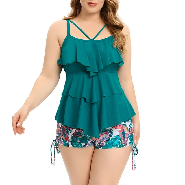 Women Plus Size Tankini Ruffle Swimsuit Two Piece Flowy Swimdress Tummy Control Bathing Suits with Boyshorts