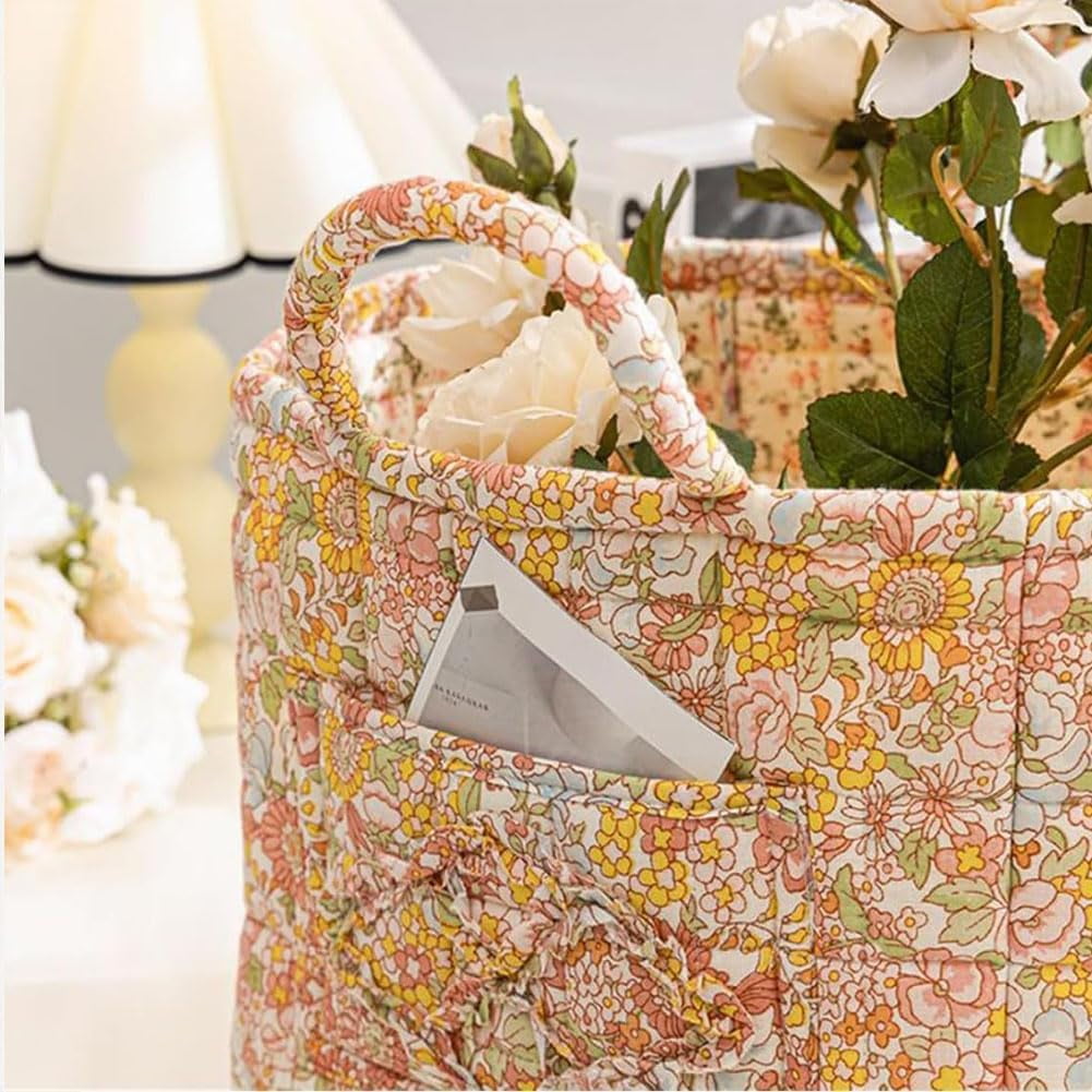 Boho Fabric Storage Basket, Boho Floral Laundry Baskets, Collapsible Bohemian Style Puffer Quilted Tote, Large Capacity Spring Vintage Storage Bag Organizer with Handle & Front Pocket