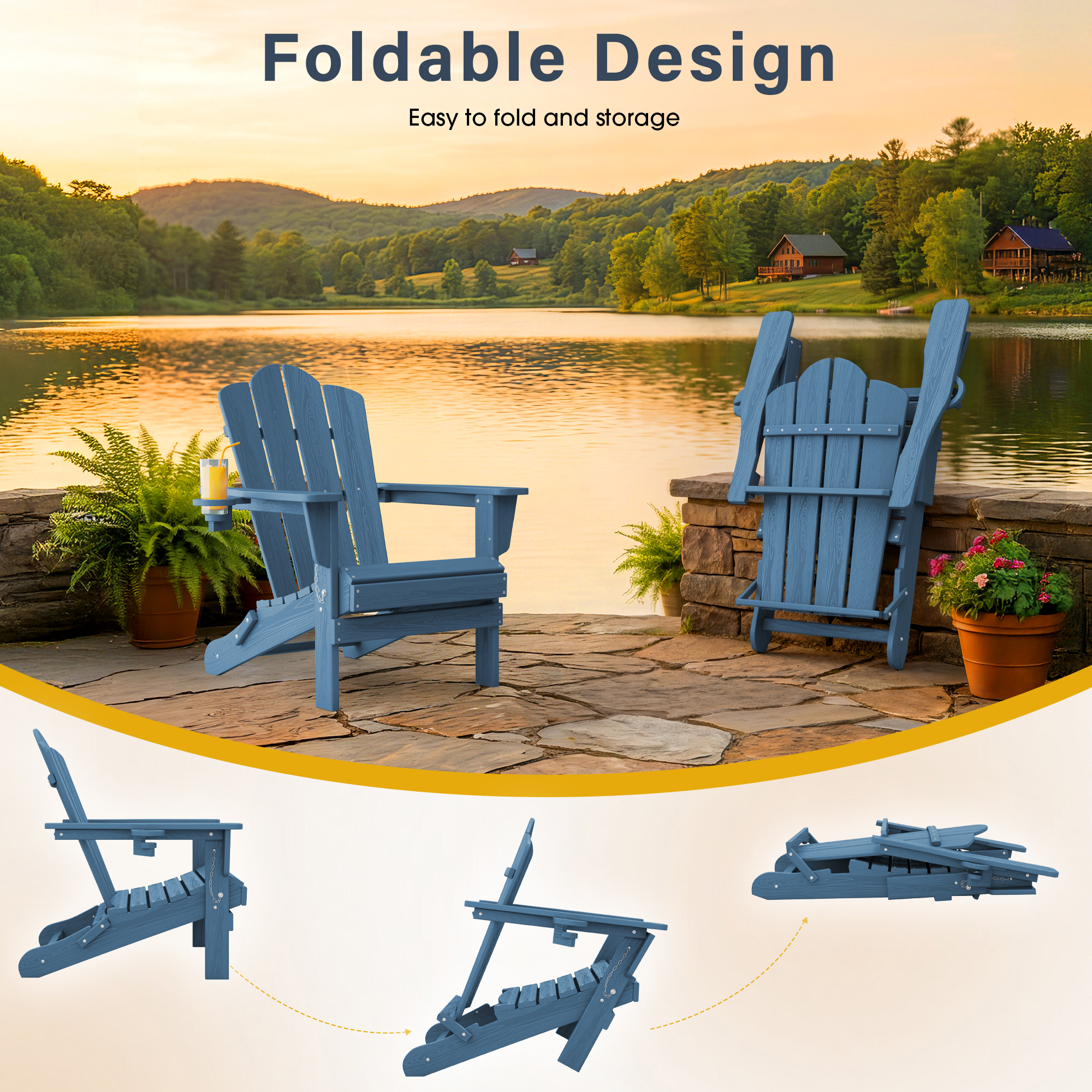 KINGYES Folding Adirondack Chair Set of 2, Navy photo 2