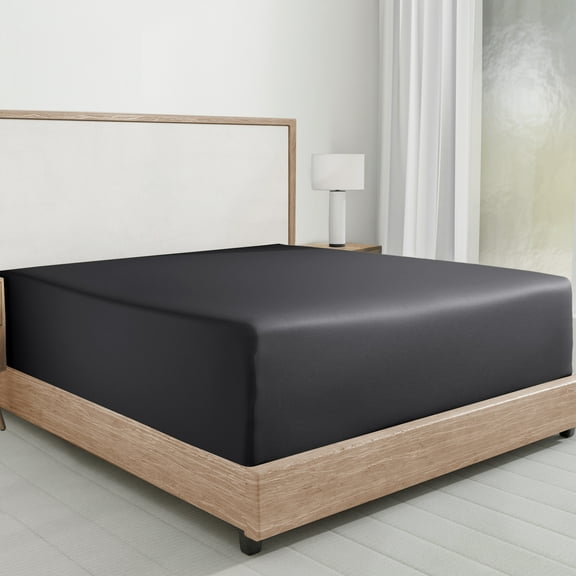 100% Cotton Queen Fitted Sheet Only, Sateen, Deep Pocket, All-Around Elastic, Head/Foot Side Indicators - Dark Grey (Black Tone)