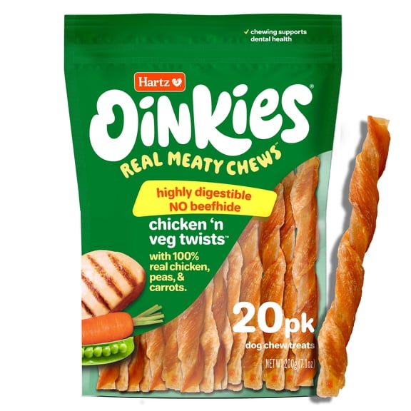Hartz Oinkies Chicken 'n Veg Twists, Real Meaty Dog Chews with 100% Real Chicken, Pea and Carrots, 7.1 oz Bag, 20ct