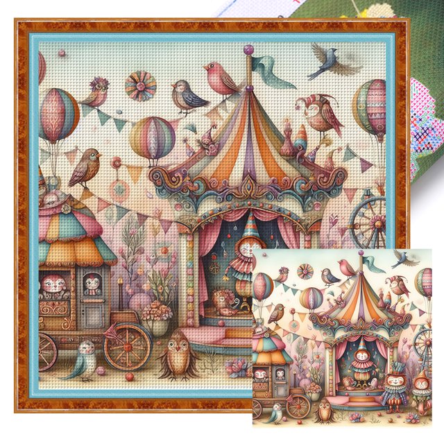 Kit Punto Cruz Carrusel Con Hilo Algodón Ecológico Bordado 11CT 50x50cm