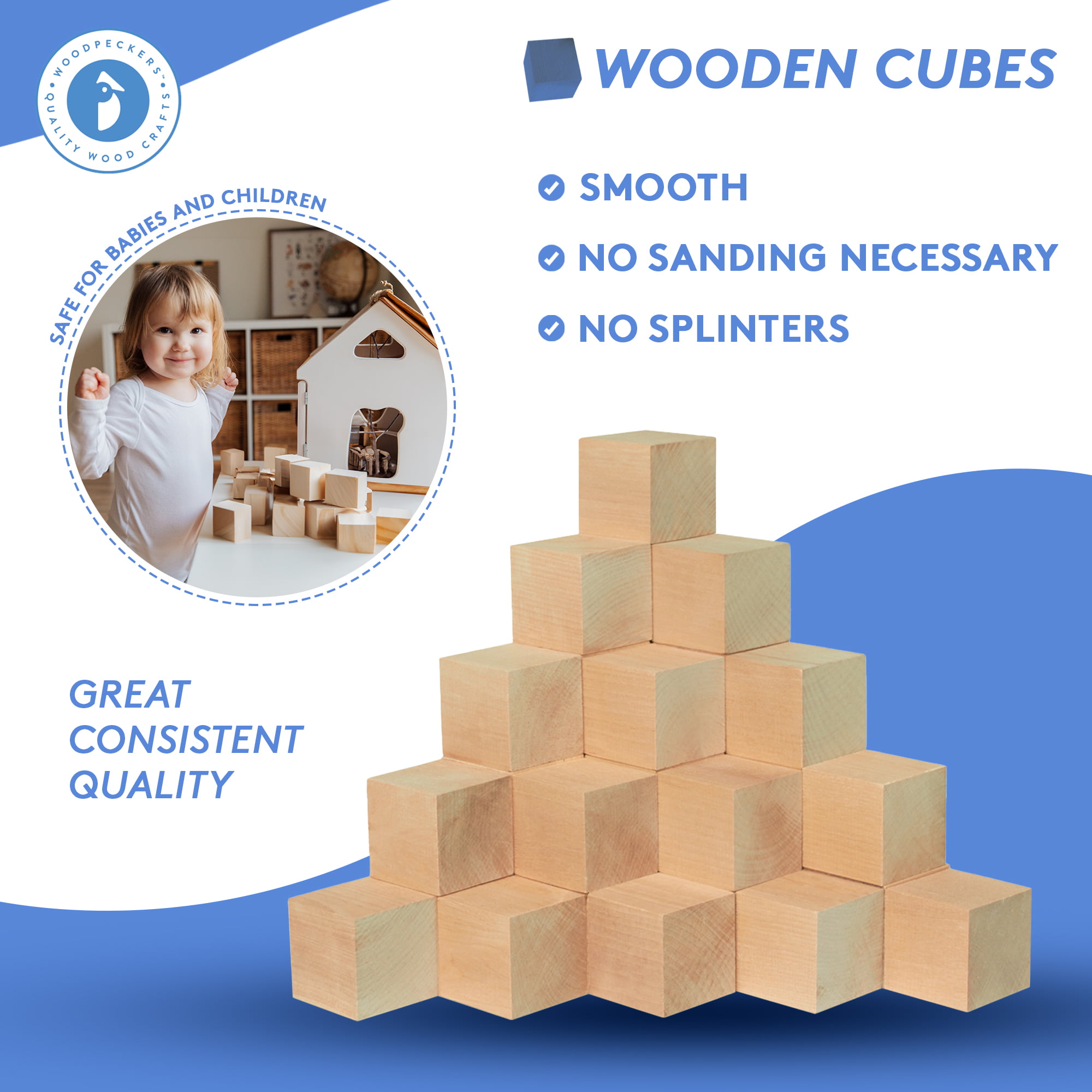 4 Large Wood Cubes, Pack of 5 Square Wood Block for DIY, Wooden Blocks for  Crafts and Decor, by Woodpeckers 