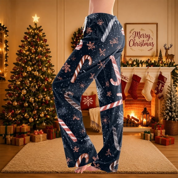 Christmas Petite Pajamas for Women Holiday Christmas Print Sleep Loungewear Pants Comfy Wide Leg Casual Pj Bottoms Soft Fall Pajama Pants Navy 2XL