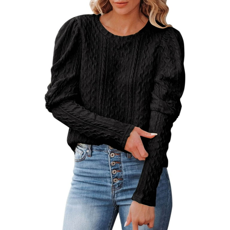 ZQGJB Petal Long Sleeve Casual Cable Knitted Sweaters for Women Loose Fit  Solid Color Crew Neck Pullover Sweater Tops Lightweight Thin Jacket Outwear  Black XL 