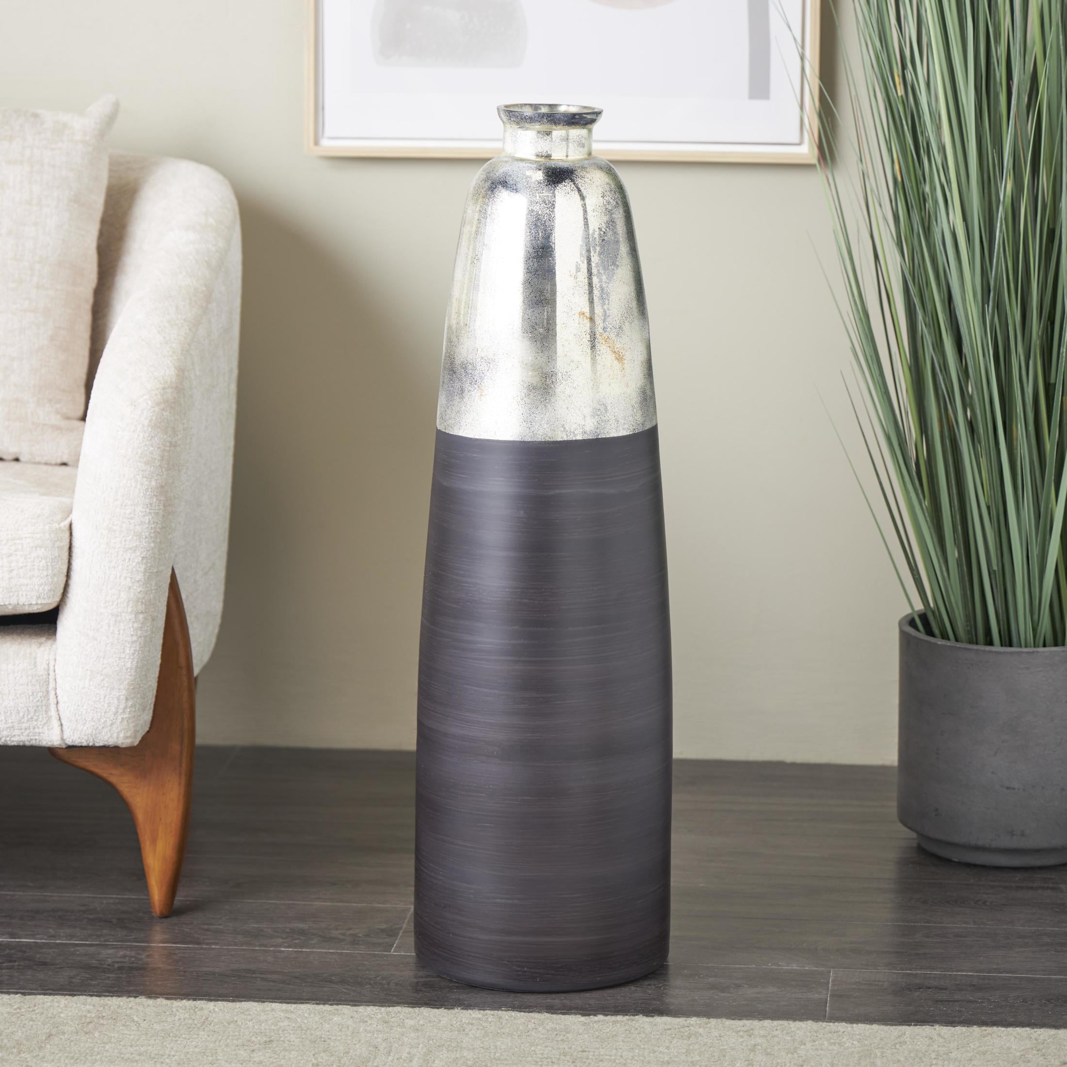 DecMode 34" Tall Brushed Two-Toned Floor Black Glass Vase with Textured Silver Top