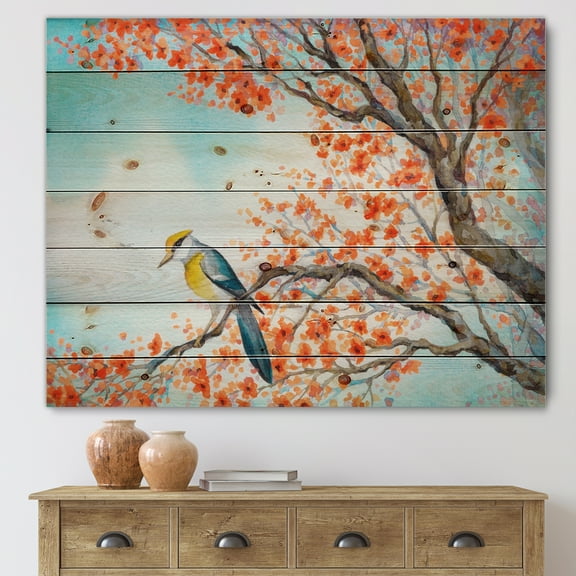 Designart 'Beautiful Orange Bird Sitting On Flowering Branch' Traditional Print on Natural Pine Wood
