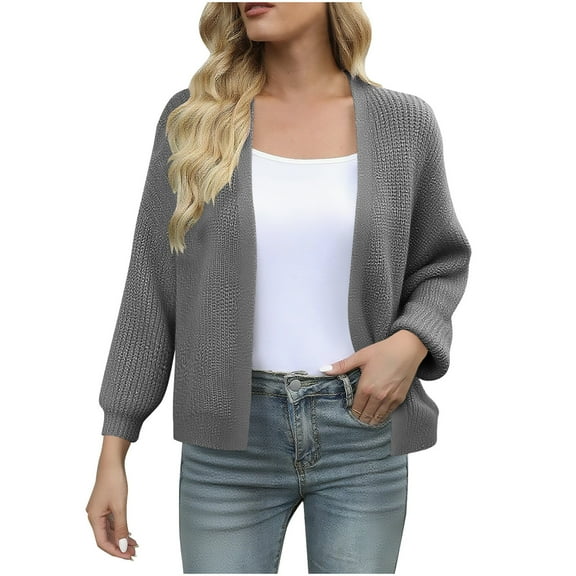 hoksml Women's Short Lantern Sleeve Chunky Knit Cardigan Textured Fall Winter Cropped Sweater Coat Oversized Open Front Cover-Up