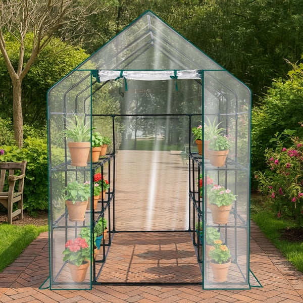 Mini Walk-in Greenhouse with PVC Cover, 8-Shelf Indoor Outdoor Plant Gardening Green House for Garden Backyard, 56" x 56" x 77", Transparent