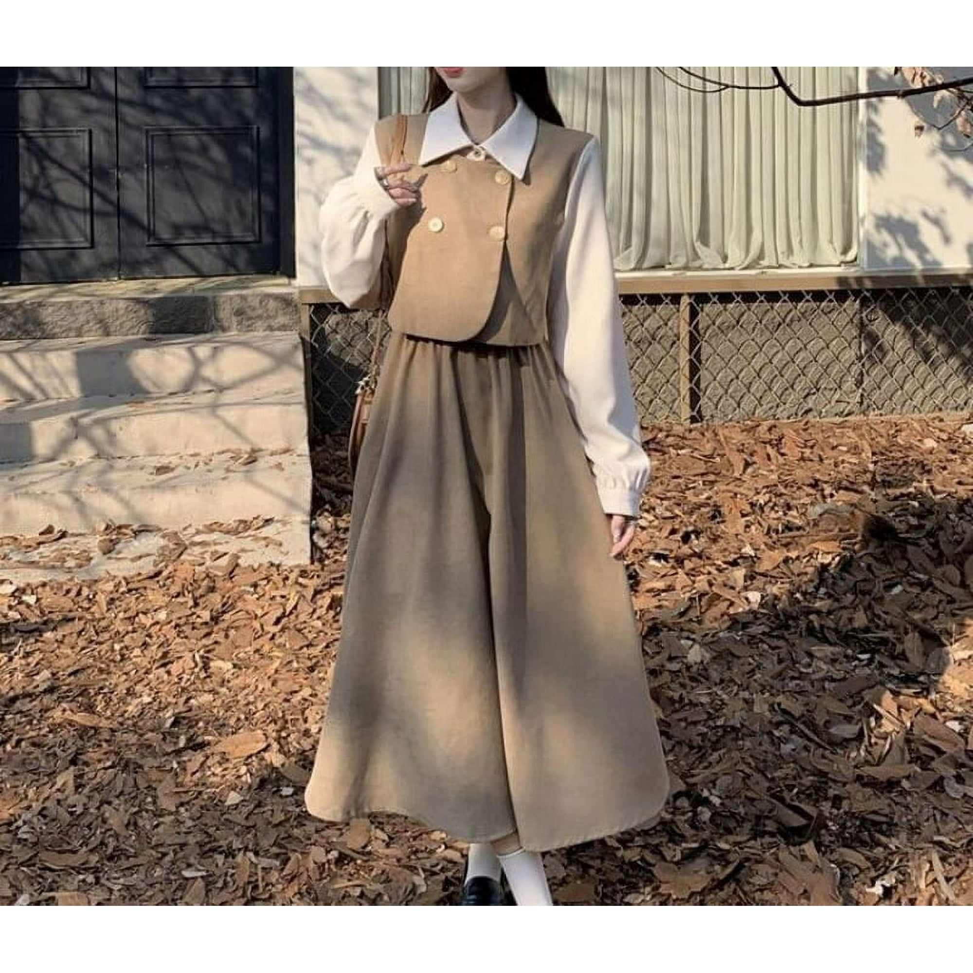 Retro Stitching Long Sleeved Dress Korean Medium Length A line Design with Fake Two Piece Style for Women Wholesale Available Walmart