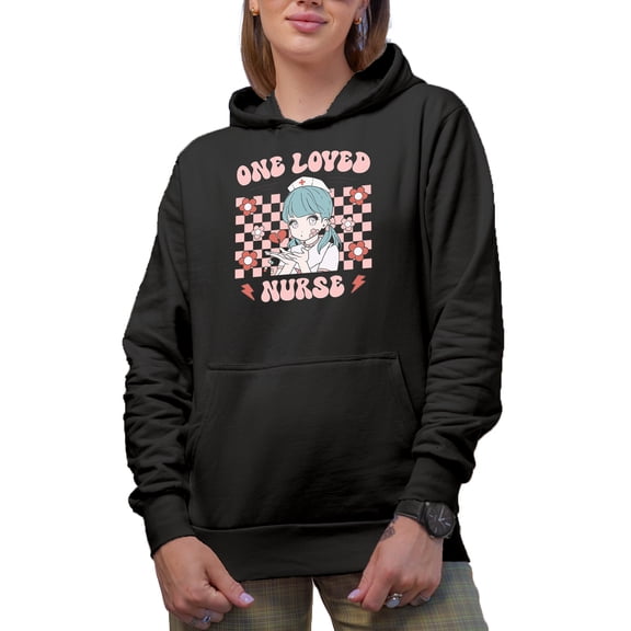 One Loved Nurse with Groovy Text & Anime Art, Retro Valentine's Day Gift, Black Hooded Sweatshirt or Hoodie, Small