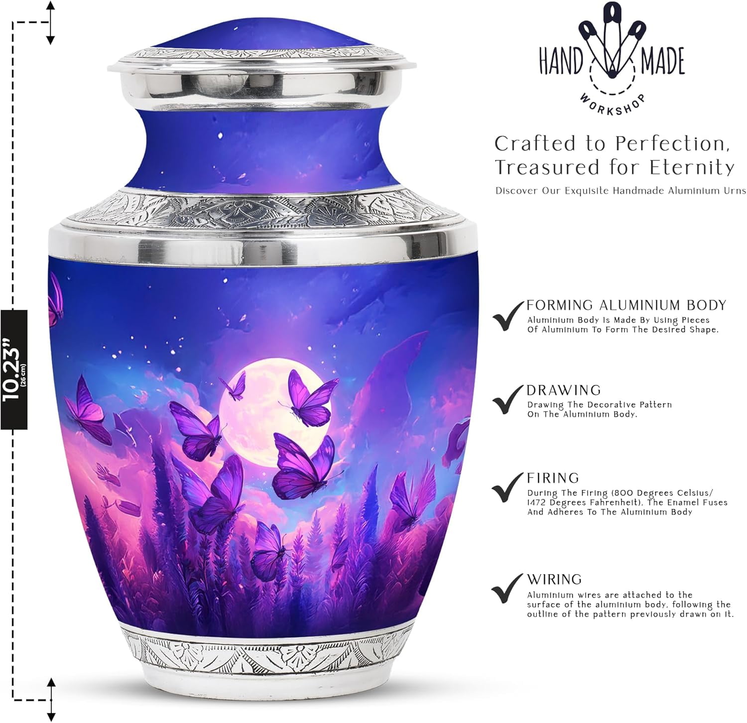 Purple Butterfly Moonlight Urn, Cremation Urn for Human Ashes, Urns for Human Ashes Adult Female, Large Cremation Urns for Ash Vase, (Size 10 Inch, 1 Pc)
