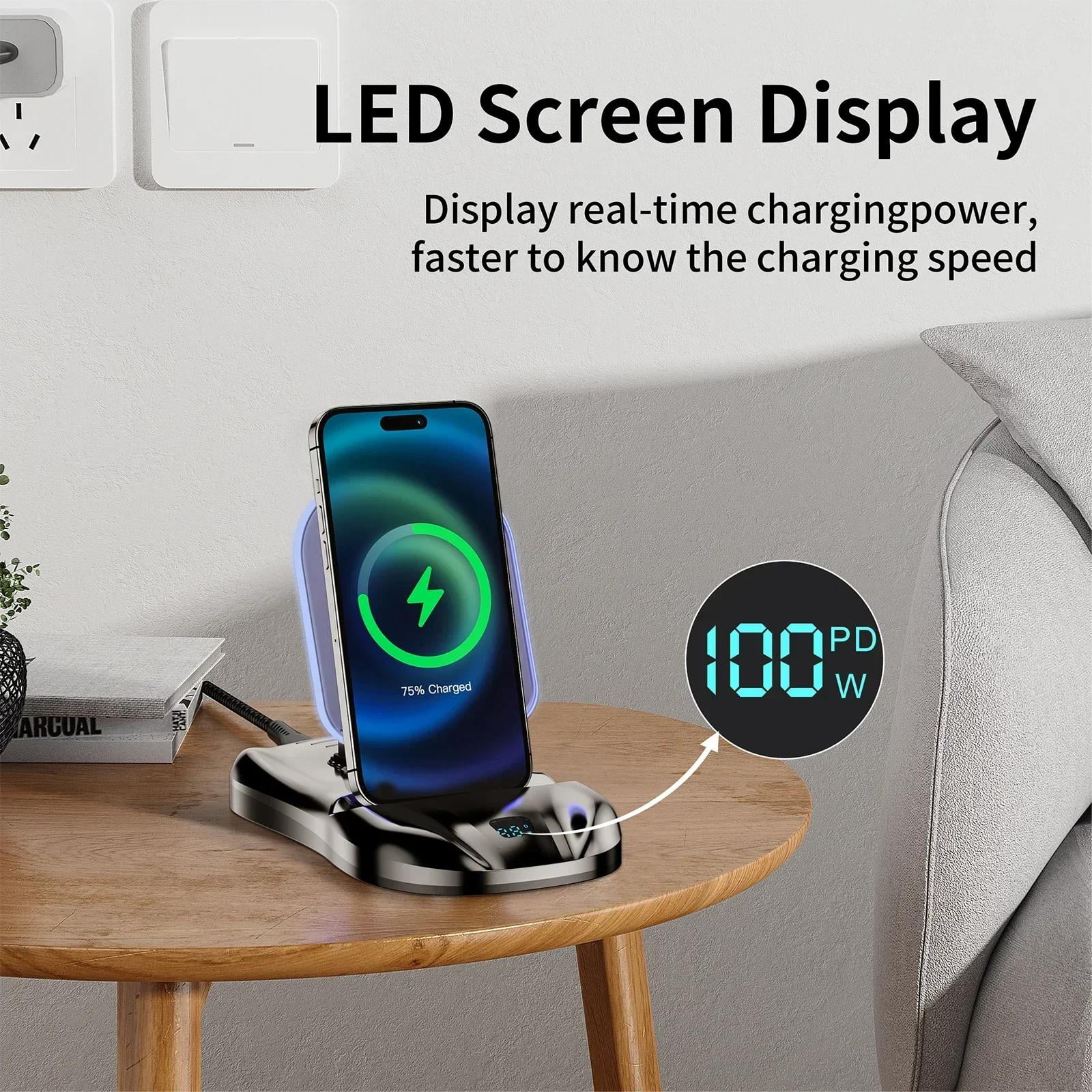 3 In 1 Magnetic Charging Station 100W Fast Charger with USB-C and Cable for iPhone, Phone Stand, Wireless Charging Pad-Blue