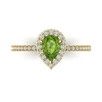 0.755 ct Pear Cut Natural Peridot Solitaire with Simulated Diamond Accents 18K Yellow Gold Womens Engagement Ring