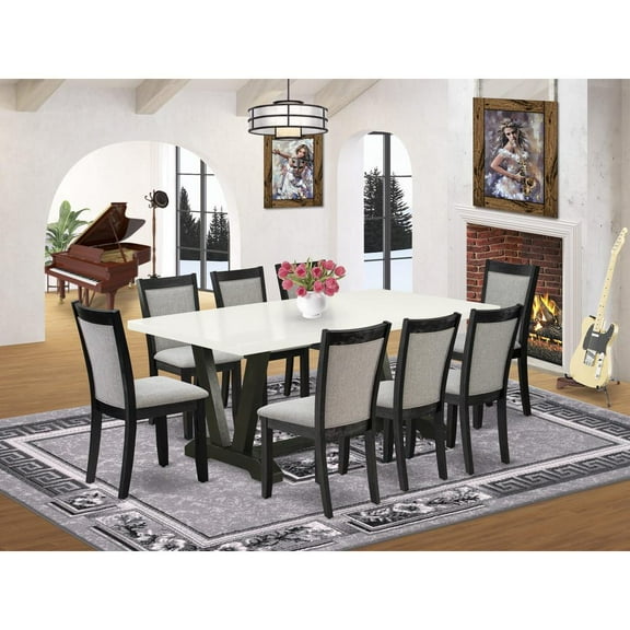 East West Furniture V627MZ650-9 9 Pc Table Set - Linen White Dinner Table with 8 Dark Gotham Grey Dinning Chairs - Wire Brushed Black Finish