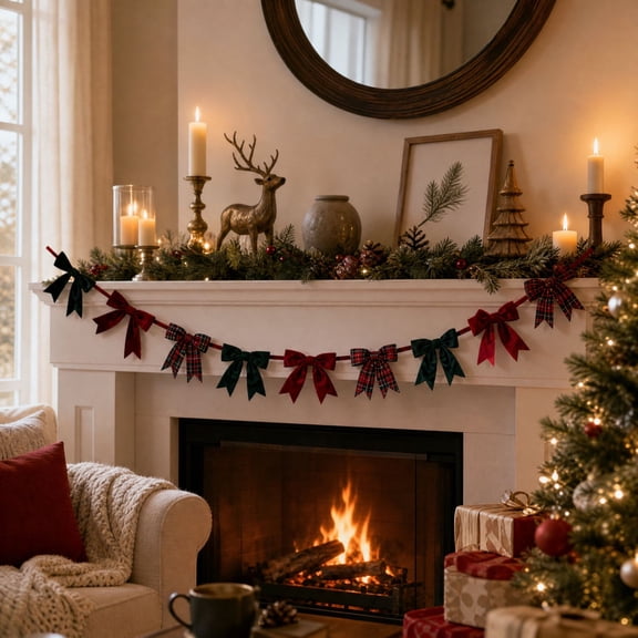 Christmas Bow Garland, Green and Red Buffalo Plaid Bows Banner Rustic Xmas Ribbon Bow Garland Bows Hanging Ornaments for Mantel Fireplace Home Office Table Wall Decor Xmas Holiday Party Decorations