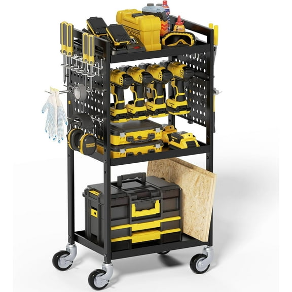 Power Tool Organizer Cart, Garage Storage Heavy Duty Utility Shelf with Wheels, Metal Rolling Tool Cart for Toolbox Battery Cordless Drill Storage and Organization, Gift for Father Men Husband