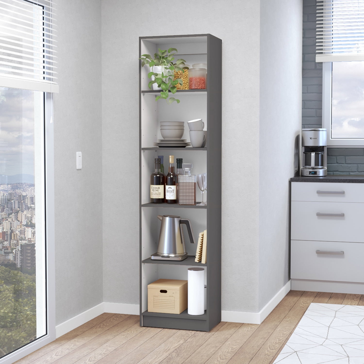 FM FURNITURE Sutton Slim Bookcase Multicolor Engineered Wood Gray
