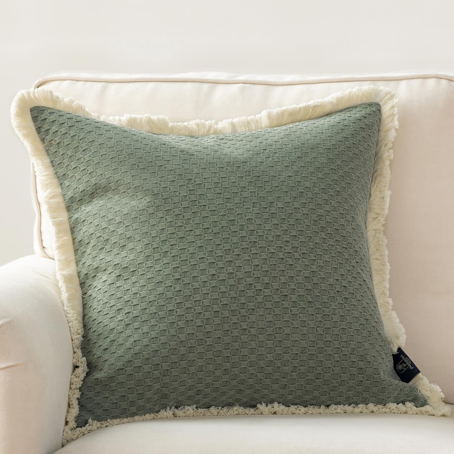 Phantoscope Fringe Trim Textured Woven Decorative Throw Pillow with Insert, Boho Checker Pattern, Dark Green, 20 x 20 in, 1 Pack