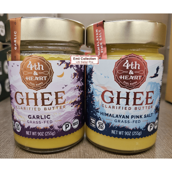 4TH & HEART Fuel Happy GHEE Grass-Fed Clarified Butter Garlic & Himalayan Pink Salt 9oz 255g (2 Bottles)