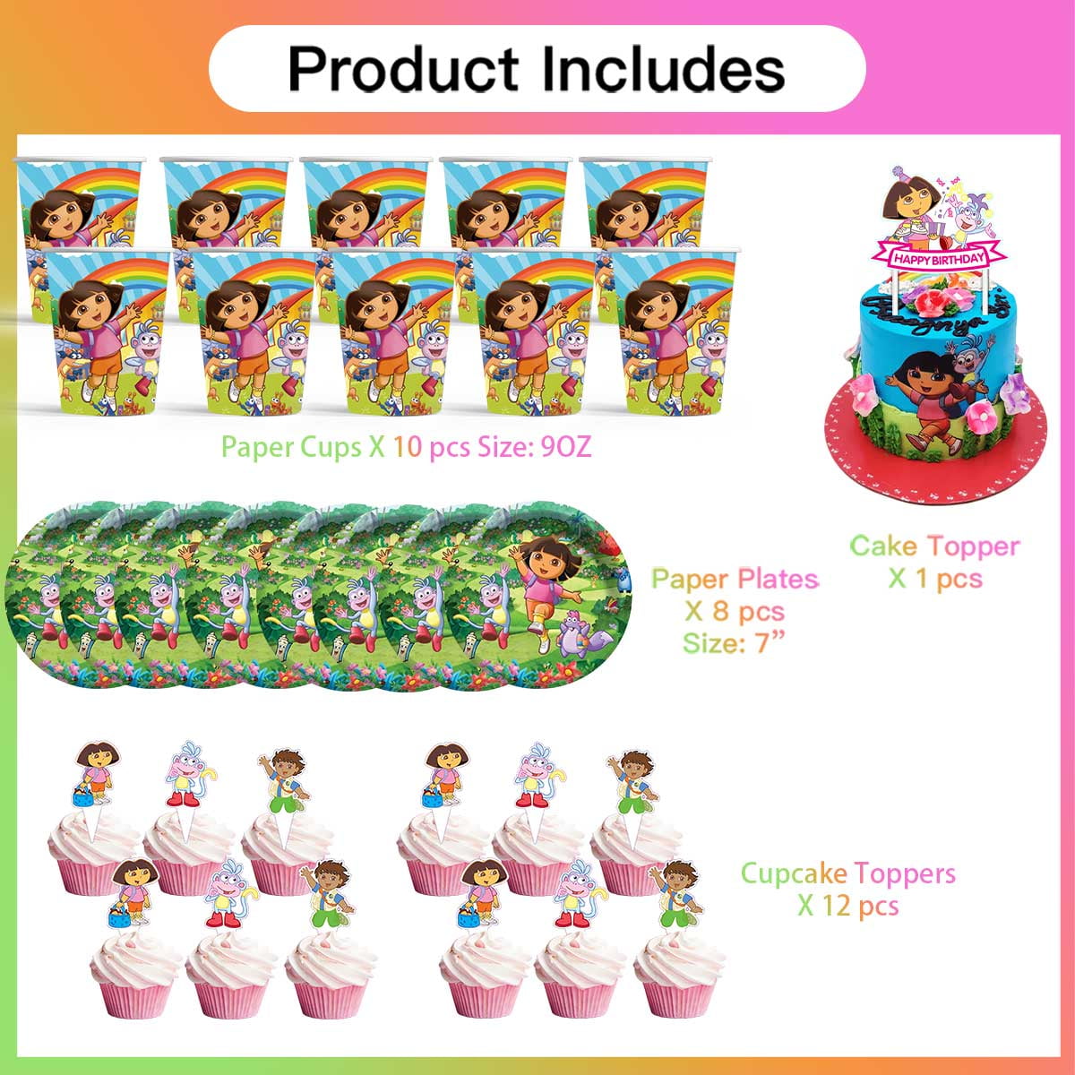 Dora The Explorer Birthday Cups Party Supplies Plates Fans Decorations Cake Topper Decor