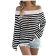 thumbnail image 2 of Xuyuer Women's Oversized Striped Casual Off The Shoulder Shirts Top Long Sleeve Loose Knit Pullover Jumper Tops, 2 of 7