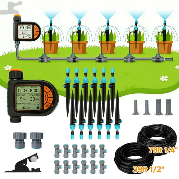 Hyindoor 120FT Automatic Garden Drip Irrigation Kits with Timer, Watering System Adjustable Spray for Lawn, Garden, Greenhouse, Potted Plants