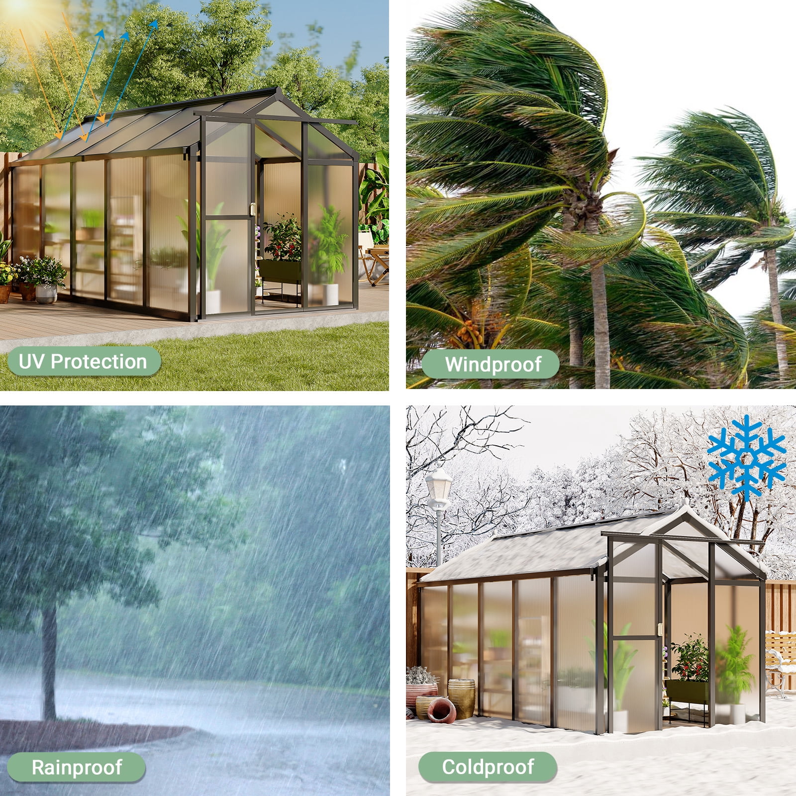 Polycarbonate Greenhouse with Sliding Door – Outdoor Walk-In Garden Greenhouse with Adjustable Roof Vent & Aluminum Frame for Backyard/Patio(6'x8'/6'x10'Available)