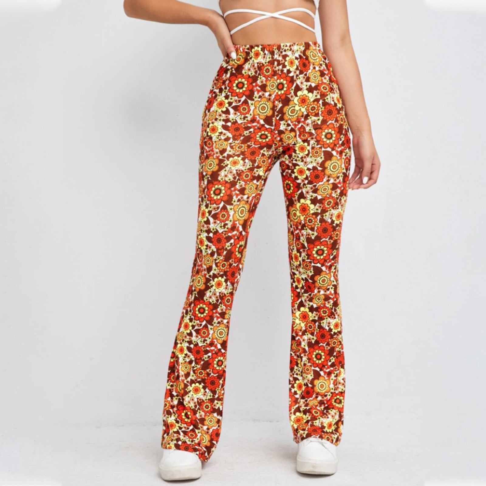Suanret Womens Floral Print Boho Flare Pants Casual High Waist 90s Vintage  Stretch Bell Bottom Trousers Slim Fit Streetwear Yellow XXL