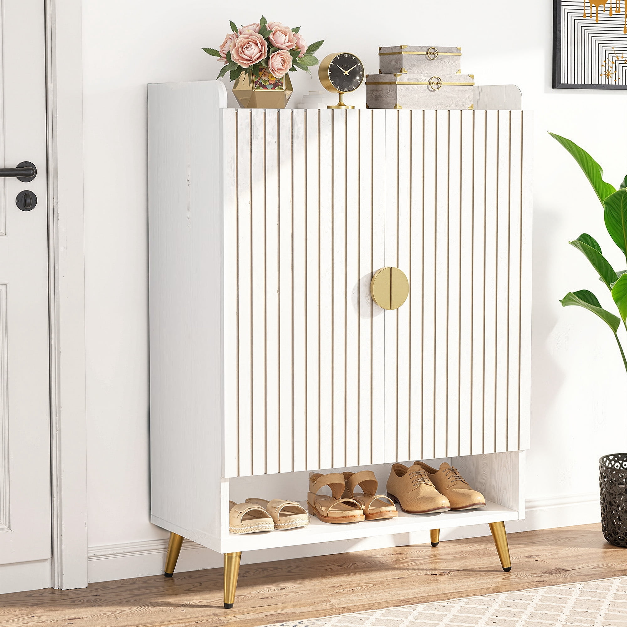 MAYEERTY 24-Pairs Large Capacity Shoe Organizer, White Waterproof Wood Finish with Golden Metal Accents