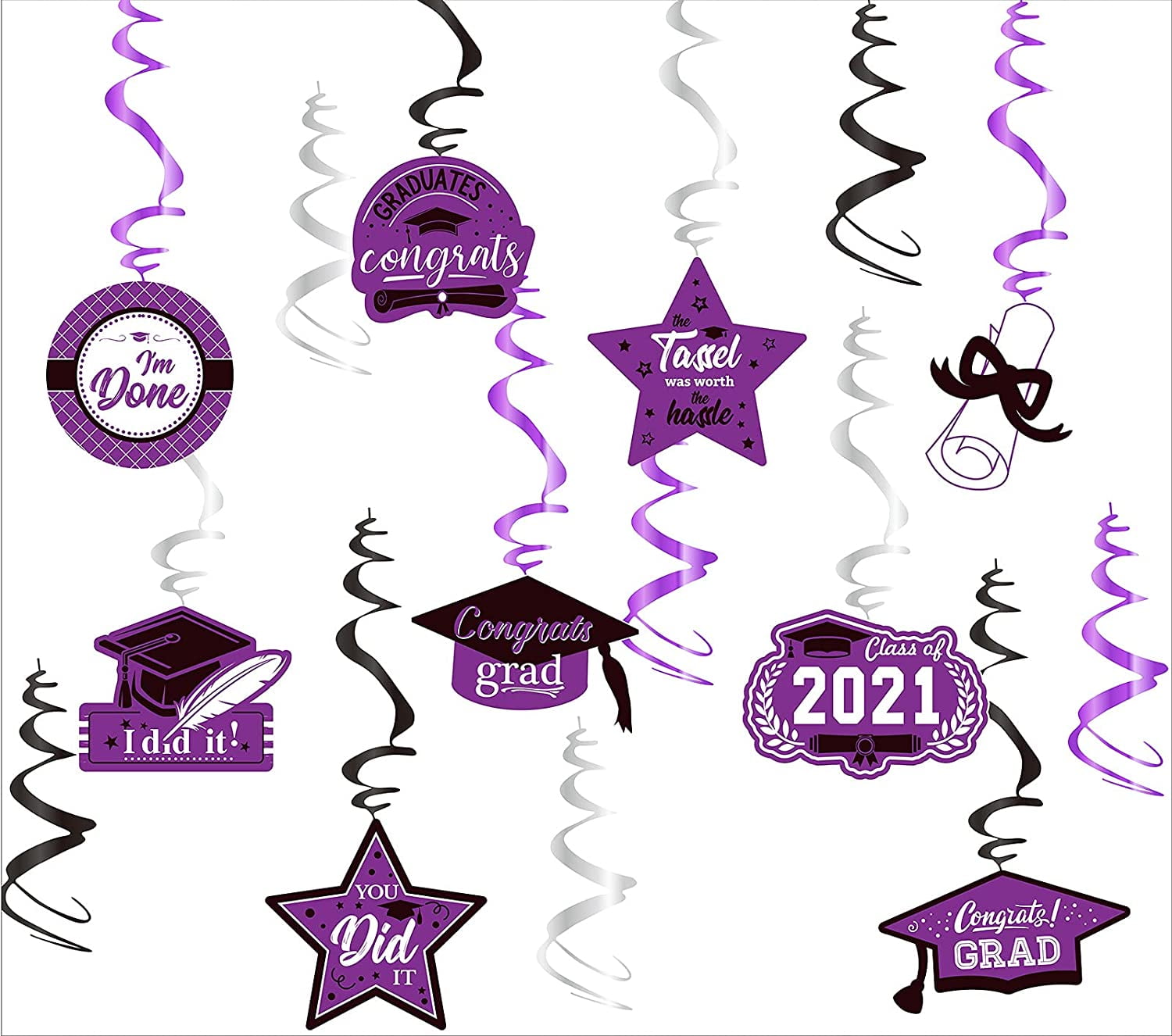 Graduation Decorations Purple Silver 2021 Hanging Swirls 15pcs Class of