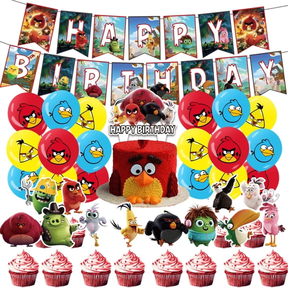 32 PCS For Angry Birds Movie Themed Birthday Party Decorations Set – Includes Banner, Cake Topper, 18 Balloons, 12 Cupcake Toppers and Party Supplies