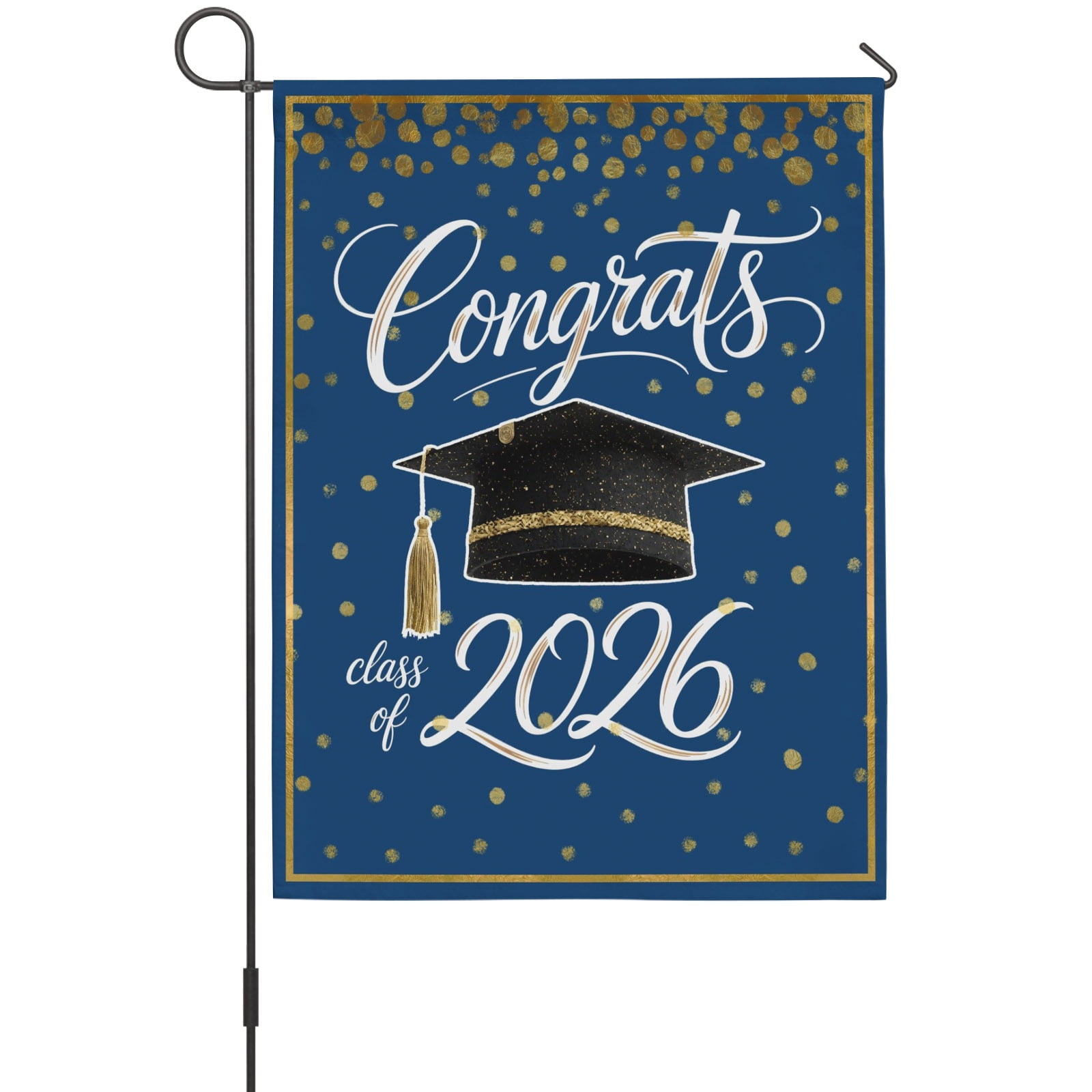 Blue Gold Graduation Cap House Flag 28 x 40 Inches, Class of 2026 Academic Modern Weather Proof Outdoor Patio Flags Double Sided Small House Decoration for Yard Lawn Outside Home