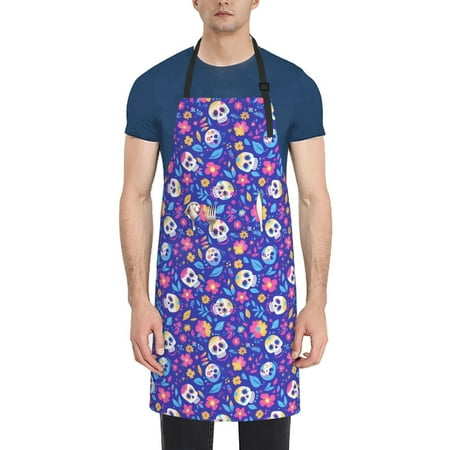 

Qekee colorful Skull flower leaf Print Waterproof Apron with Pockets Adjustable Cooking Aprons Kitchen Bib for Baking Household Cleaning