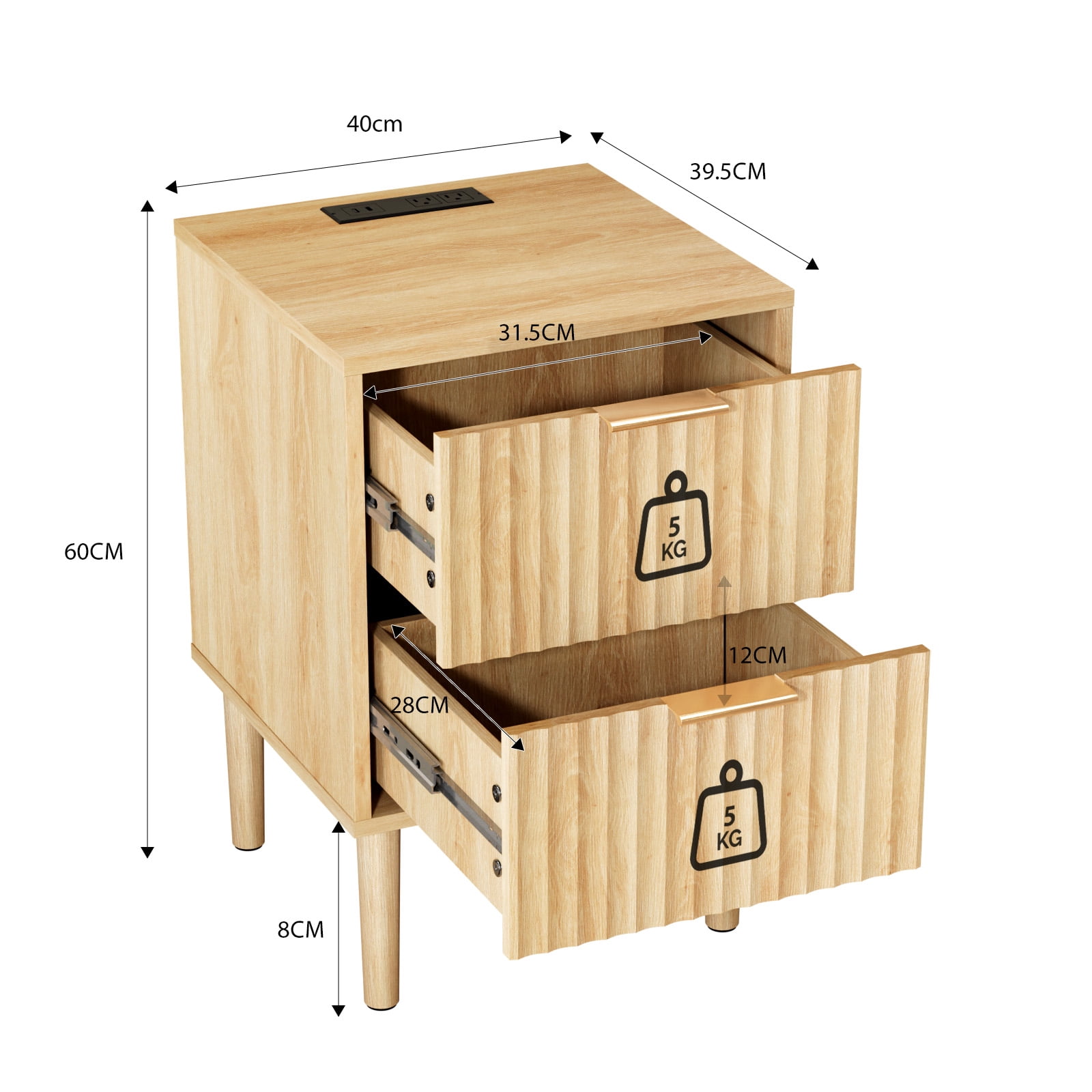 Zimtown Set of 1 Wood Nightstand with Charging Station, End Table Wooden Bedside Table Large Capacity Easy to Assemble