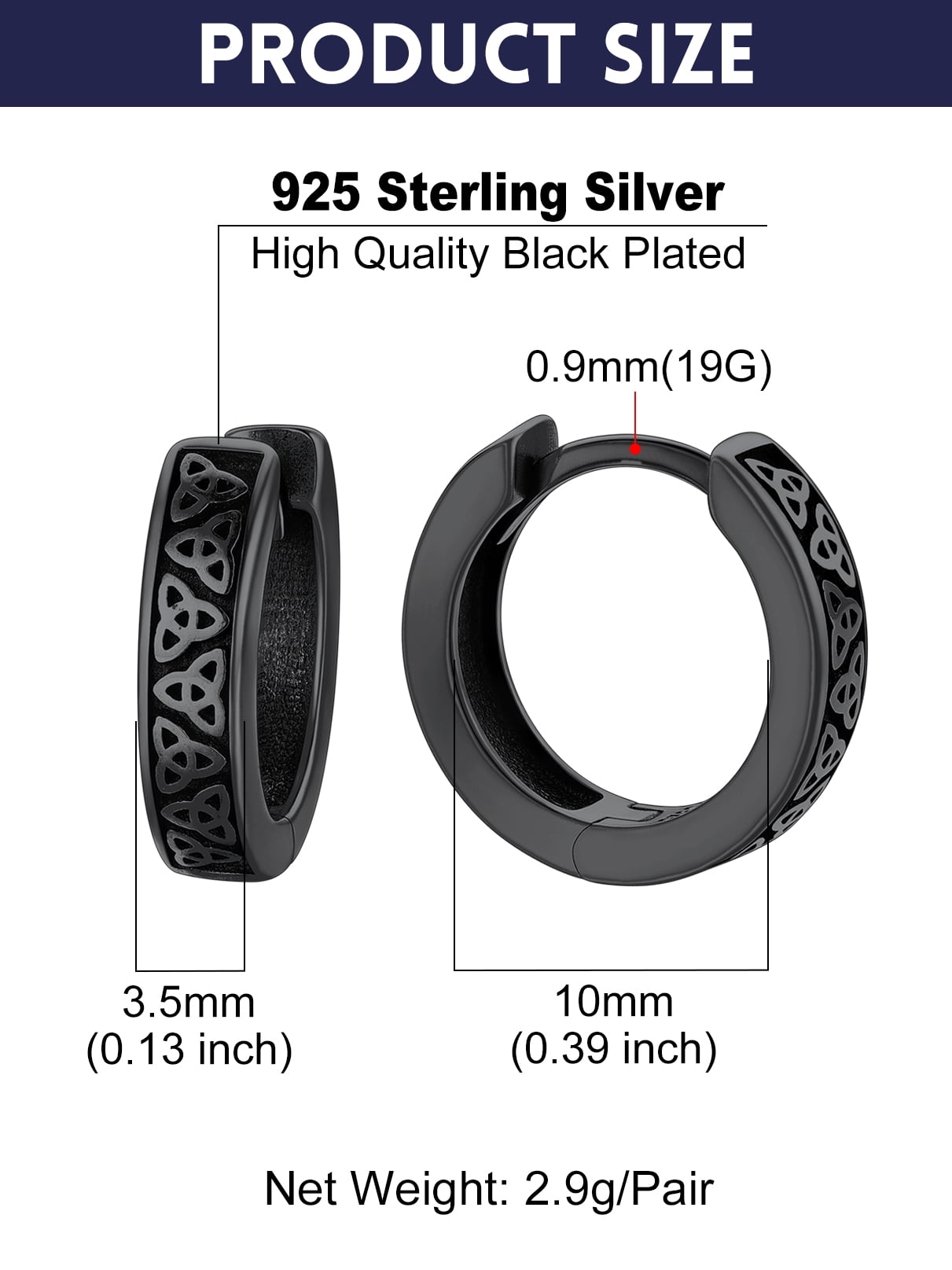 Bandmax 10MM 925 Sterling Silver Black Huggie Earrings for Men Tiny Triangle Celtic Knot Hoop Earrings for Boyfriend Husband Father Son Gift