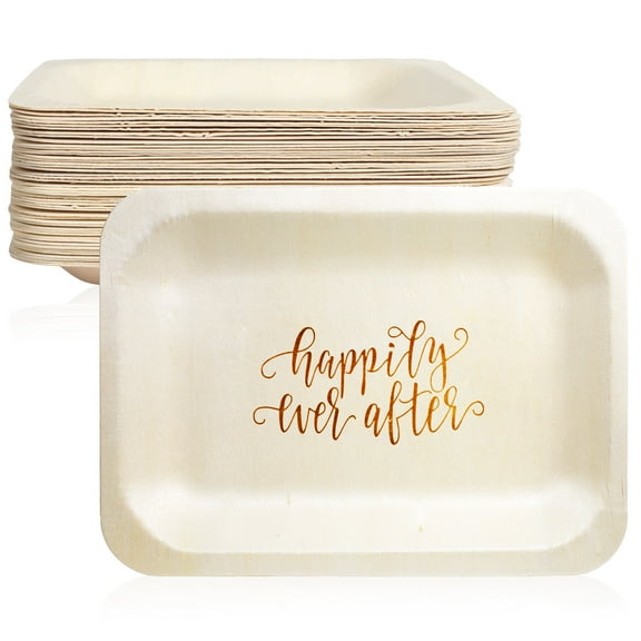 Wood & Wonder 50 Piece Happily Ever After Fancy Disposable Wood Wedding Plates