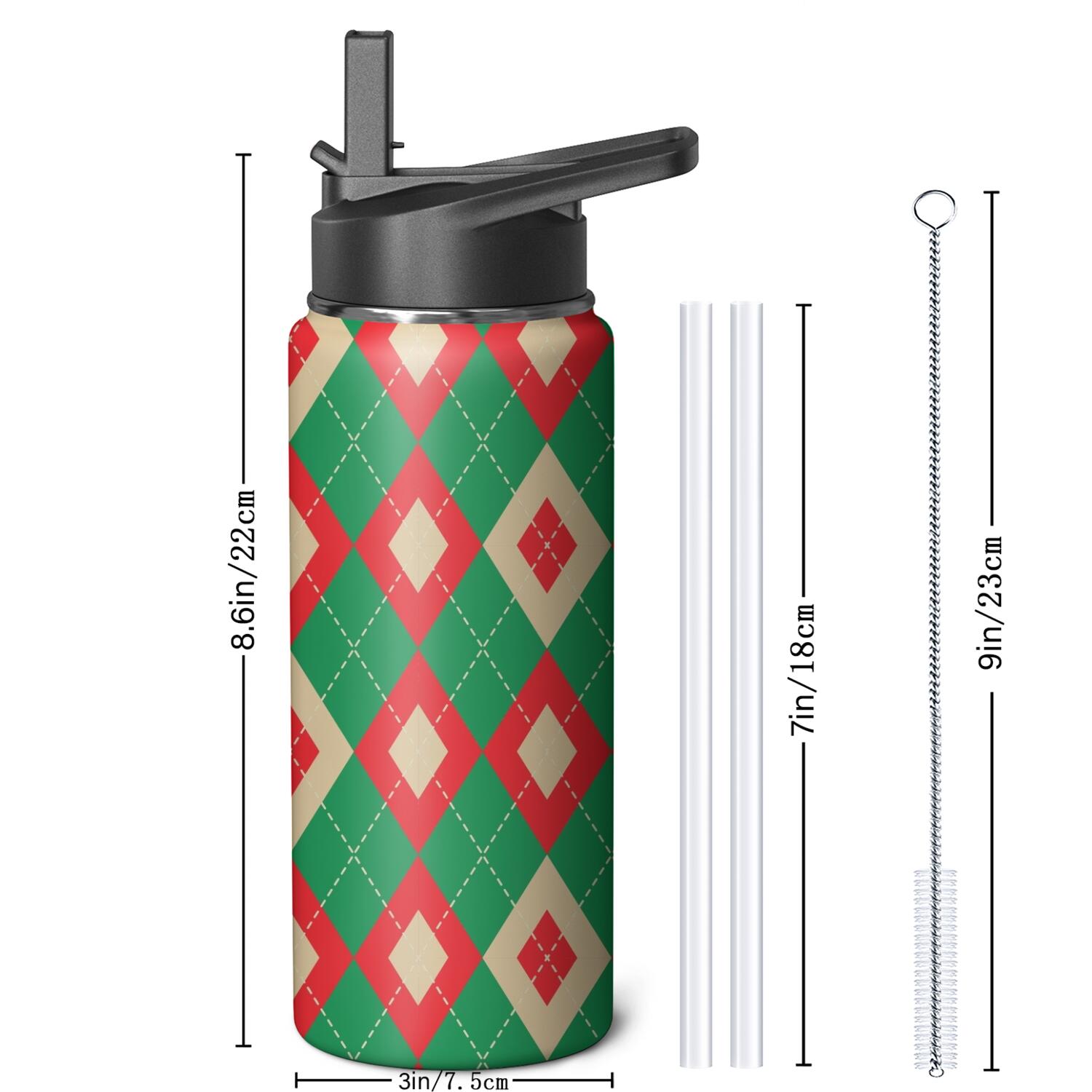 Christmas 18 oz Insulated Stainless Steel Water Bottle with Straw & Cleaning Brush , Leakproof, BPA-Free, 304 Stainless Steel, Wide Mouth, Travel Mug for Car, Gym, Office