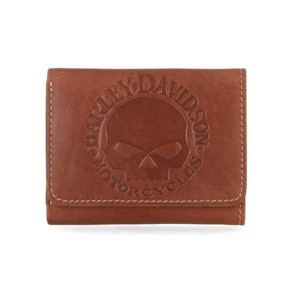 Harley-Davidson Men's Embossed Willie G Skull Tri-Fold Leather Wallet - Brown, Harley Davidson