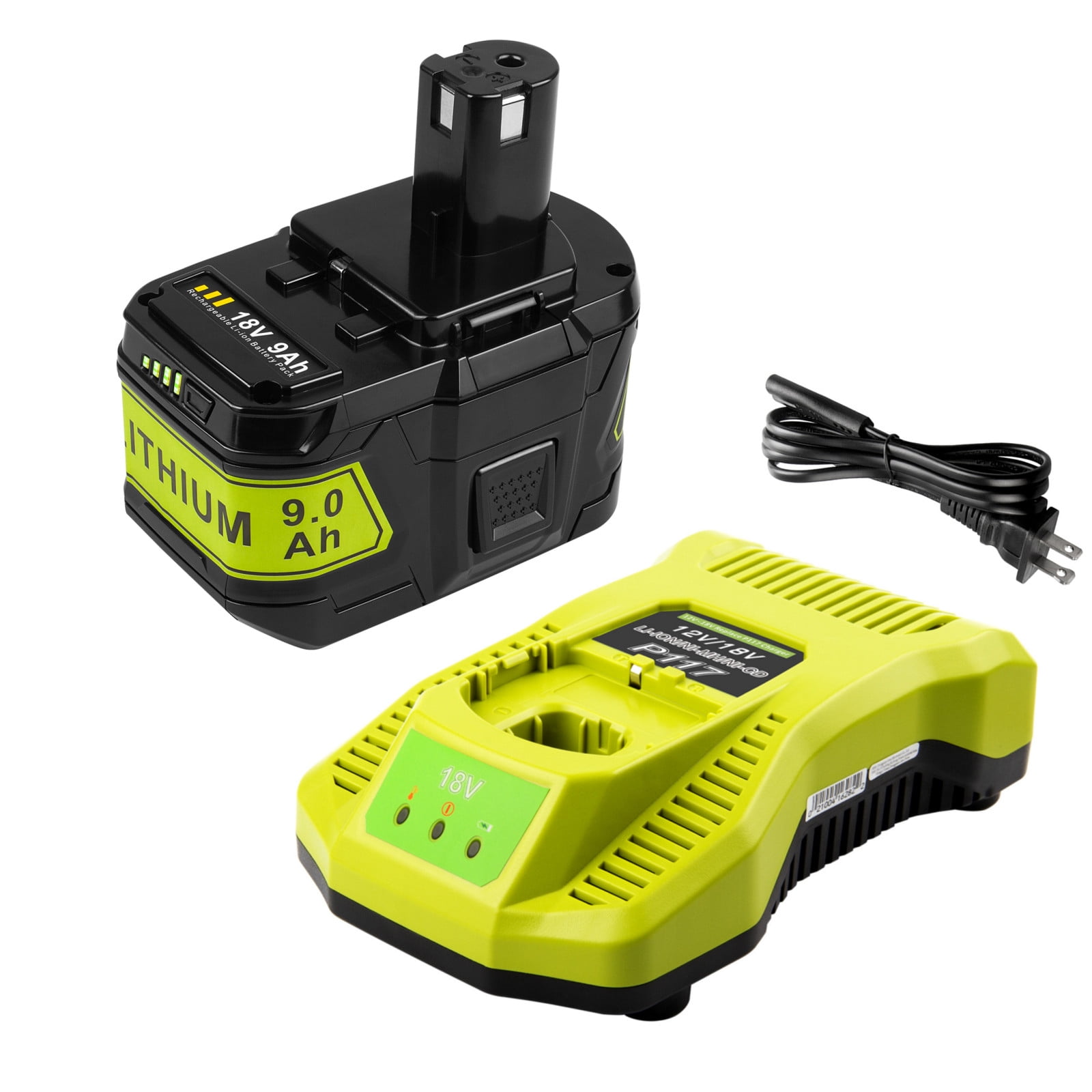1Pack 9.0Ah 18V Batteries & Charger Combo for Ryobi 18V Battery and P117  Charger, Compatible with Ryobi 18V ONE + P109 P108 P107 P104 Tools Charger  with P117 P118 