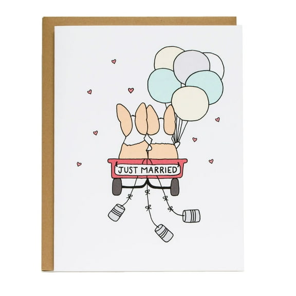 Just Married Wedding Card – Adorable Couple in Wagon with Balloons – Perfect for Newlyweds – Blank Inside, Envelope Included