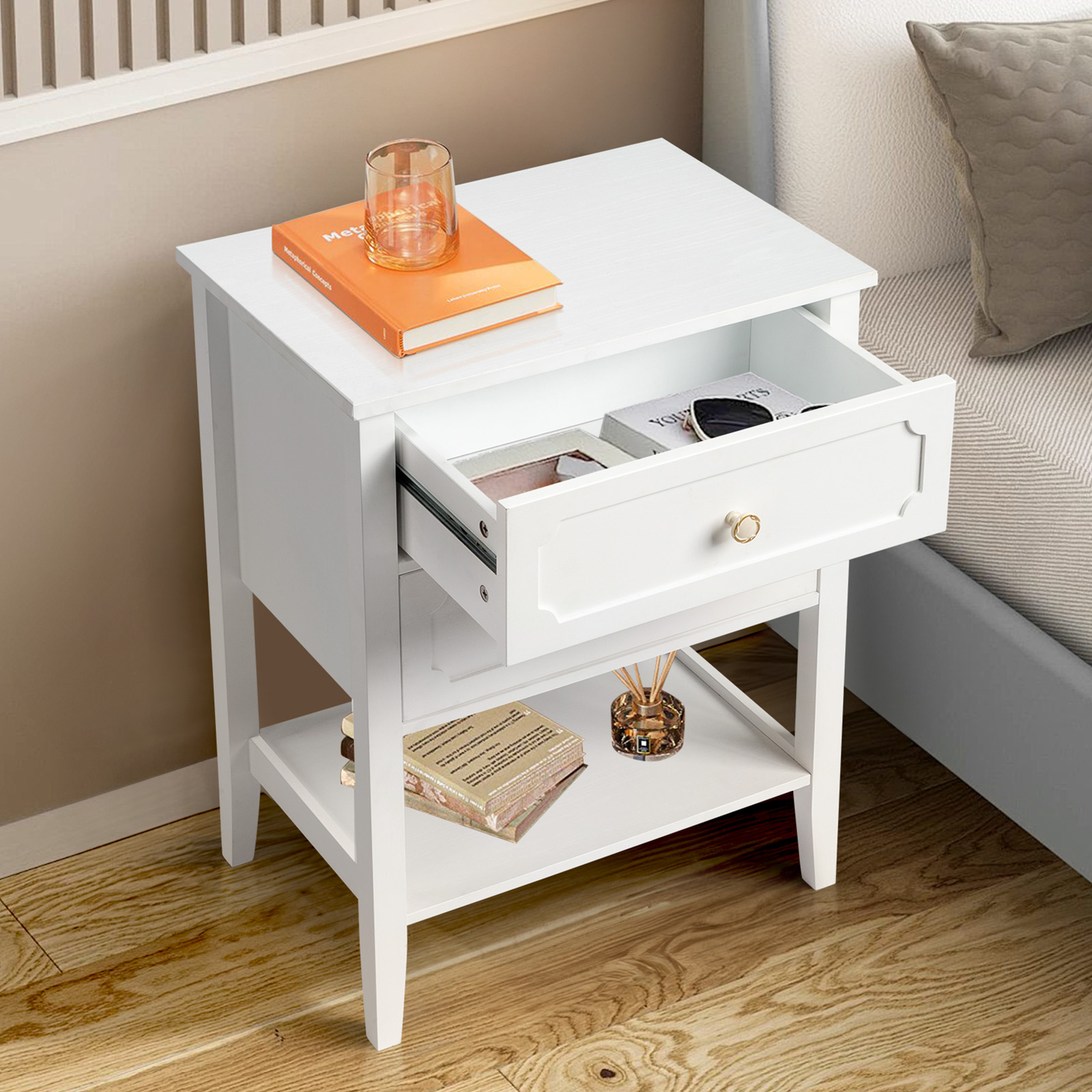Ktaxon Solid Wood Nightstand, Side Table Night Table, White