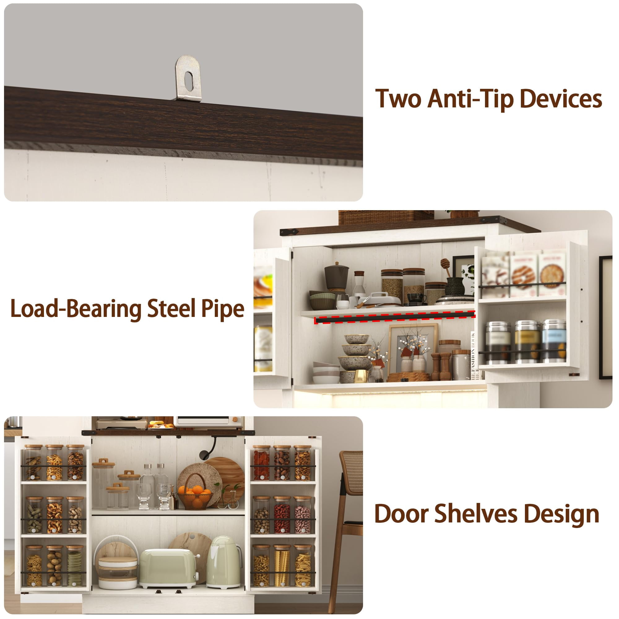 ANPOO 72'' Tall Farmhouse Kitchen Pantry Cabinet with LED Light and Power Outlet, 10 Hanging Shelves, Adjustable Shelves, Versatile Large Rustic Cabinet for Kitchen, Dining Room, Living Room