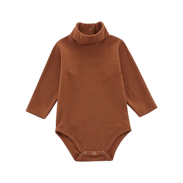 FAIWAD Baby Girl Boy Romper Long Sleeve Turtleneck Jumpsuit Ribbed Button Spring Bodysuit in a warm brown color. The romper features a ribbed texture, long sleeves, and a turtleneck design. It includes snap buttons at the crotch for easy diaper changes. Suitable for baby girls and boys, ideal for casual outings or everyday wear during spring.