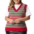 thumbnail image 3 of Suéter de talgrande pamujer, chaleco Argyle con cuello en V, suéteres sin mangas de punto rojo 1X, 3 of 6
