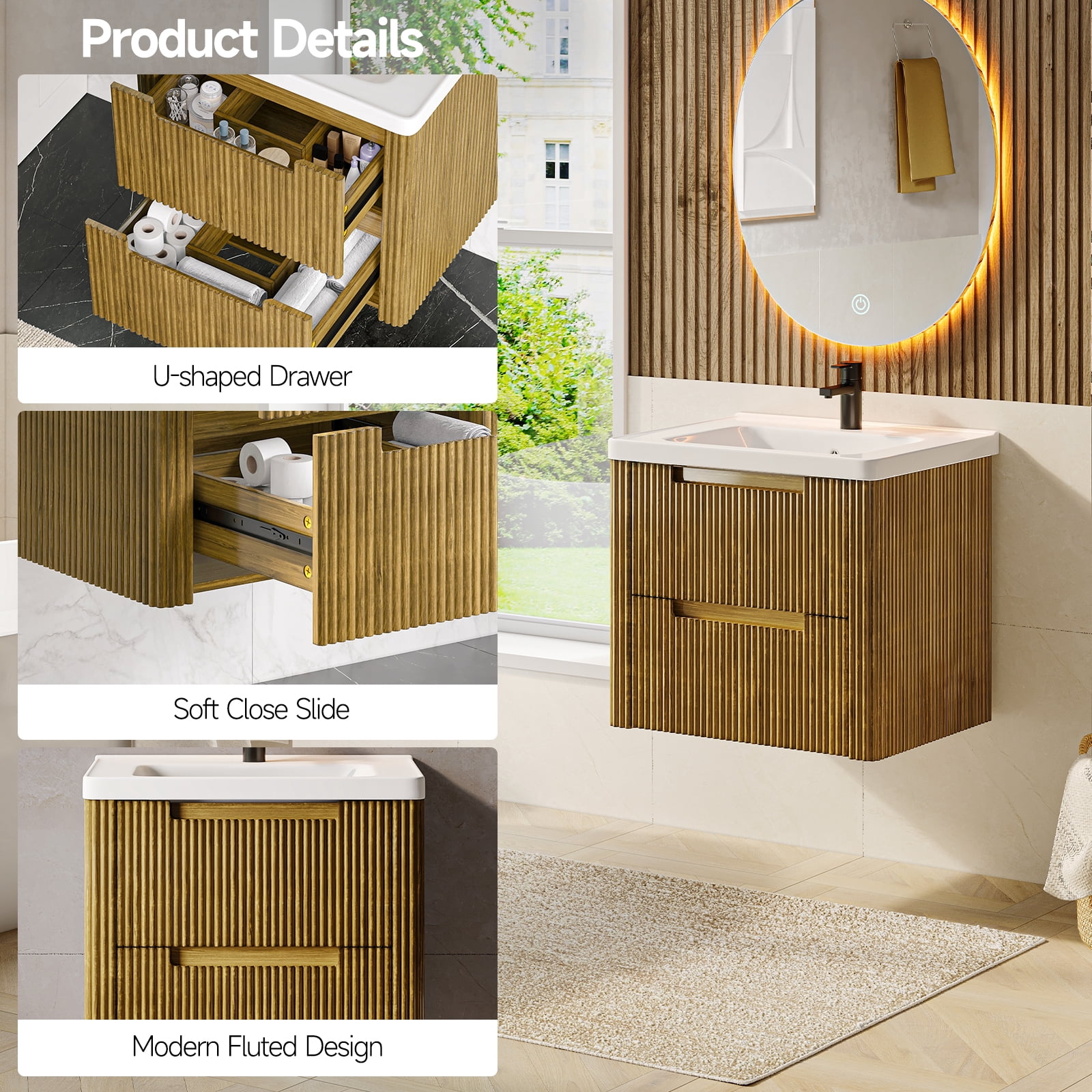 ROGALIS 24" Modern Bathroom Vanity, 2-Drawer, glossy resin Sink, Fluted Design, Drak Gold