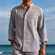 thumbnail image 1 of Blusa y camisa de manga larga con cuello alto para hombre, camisa transpirable con bolsillo y estampado a rayas de cuello alto de moda, de poliéster., 1 of 5