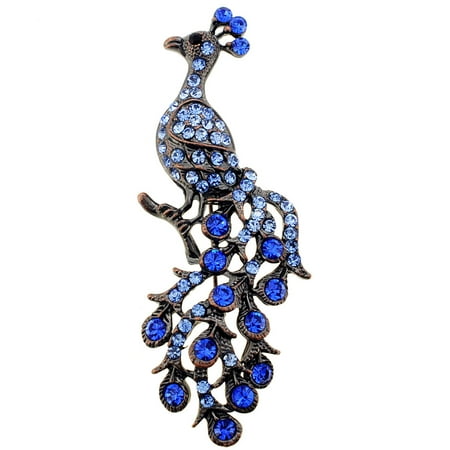 Golden Vintage Brooch - Vintage Crystal Sapphire Blue Peacock Pin Brooch