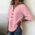 thumbnail image 3 of Cilsoka 3/4 Length Ruffle Sleeve Womens Tops Cotton Linen V Neck Button T Shirts Summer Beach Casual Boho Three Quarter Sleeve Tops, 3 of 6