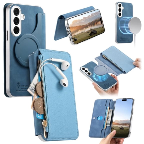 Leather For Samsung Galaxy S26 5G Case 6.3 inch ,With Card Holder Zipper Bills Slot, Soft PU Leather Magnetic Wallet Case,Blue,For Galaxy S26 (5G)